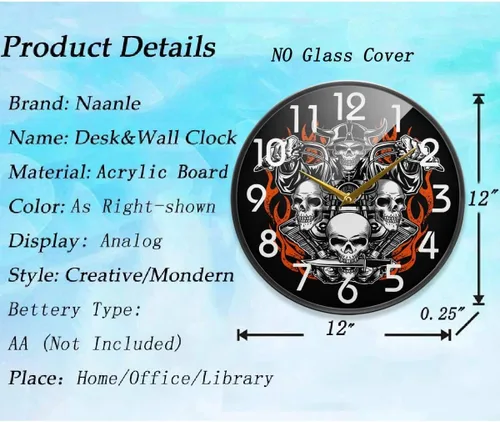 Miniatura 2 de Naanle Reloj de pared redondo de calavera para motocicleta, reloj de pared silencioso de cuarzo silencioso de 12 pulgadas, funciona