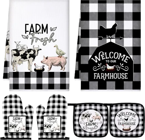 Bencailor 6 piezas de toallas de cocina de granja, guantes de horno y soportes para ollas, paños decorativos para cocina, té, antideslizantes, blanco