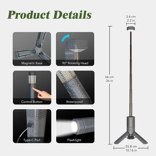 Miniatura 3 de Luz telescópica para campamento con soporte, linterna de campamento recargable de 10500 mAh, linterna portátil regulable con bolsa