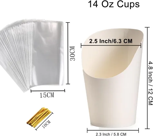 Miniatura 5 de 60 juegos de tazas desechables de charcutería con palillos y bolsas, 14 oz, cajas de aperitivos blancas de papel kraft, tazas para papas fritas