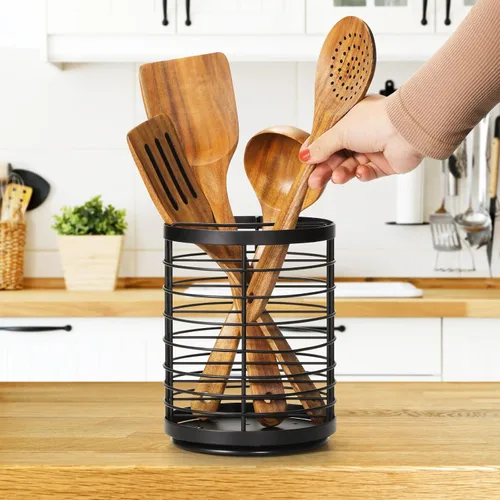 Miniatura 2 de Soporte giratorio de 360° para encimera de cocina, 5.9 x 5.9 x 7.8 pulgadas, soporte redondo grande para utensilios de cocina con base de madera