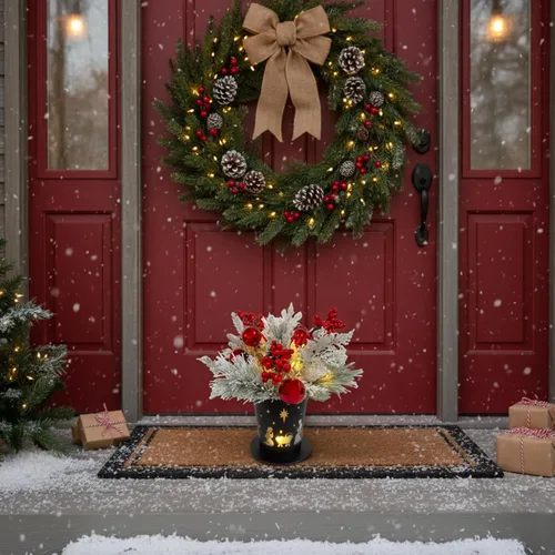 Miniatura 8 de Centro de Mesa Navideño Iluminado en Maceta de Metal con Temporizador, Escena del Nacimiento Navideño en Base de Metal Negro con Ornamento de Piñas
