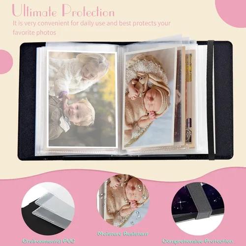 Miniatura 3 de Álbum de fotos de 4 x 6 pulgadas, capacidad para 60 fotos, cubierta de piel sintética, álbum de fotos con banda elástica fuerte, álbum de fotos Luna