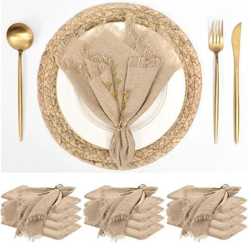 Miniatura 8 de Paquete de 12 servilletas de lino y algodón beige de 16 x 16 pulgadas, hechas a mano con flecos, servilletas de tela suave, lavables y rústicas