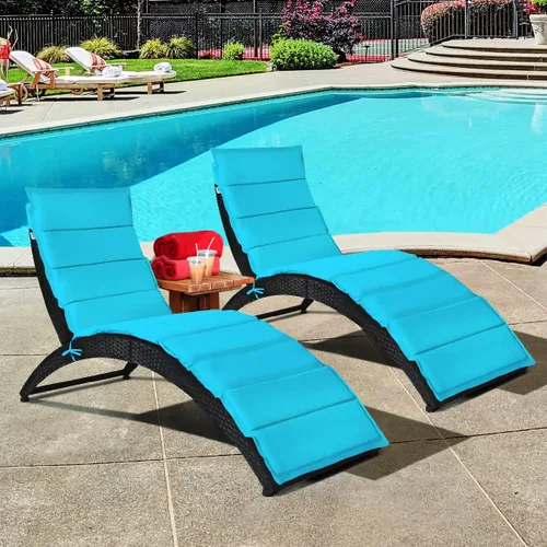 Miniatura 10 de COSTWAY 2 sillas plegables de ratán para exteriores, tumbona de mimbre para patio con cojín suave, soporte ergonómico, sillas portátiles de piscina