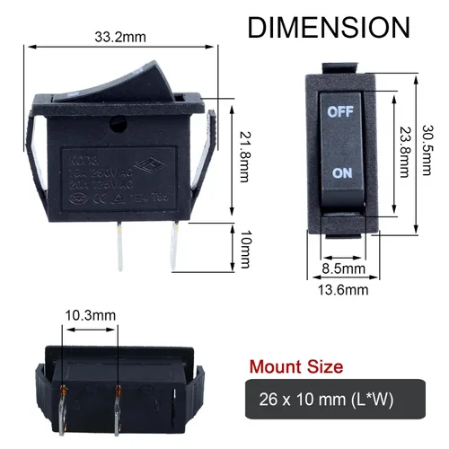 Miniatura 3 de DWMD - Interruptor oscilante rectangular para barco, 6 unidades, 2 pines, SPST, interruptor de palanca AC 250V/16A 125V/20A para automóvil, barco