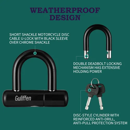 Miniatura 3 de Guliffen Candado en U para bicicleta con cable, cable de seguridad de 15 pies con bucles, cadena antirrobo resistente y cerradura para motocicletas