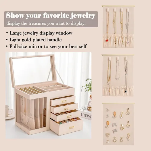 Miniatura 3 de GUKA Joyero organizador con espejo, caja de joyería de 5 capas con 4 cajones para collares, pulseras, reloj, anillos y aretes, almacenamiento grande