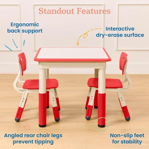Miniatura 4 de ECR4Kids Mesa de actividades rectangular de borrado en seco con 2 sillas, ajustable, muebles para niños, azul, 3 piezas Rojo