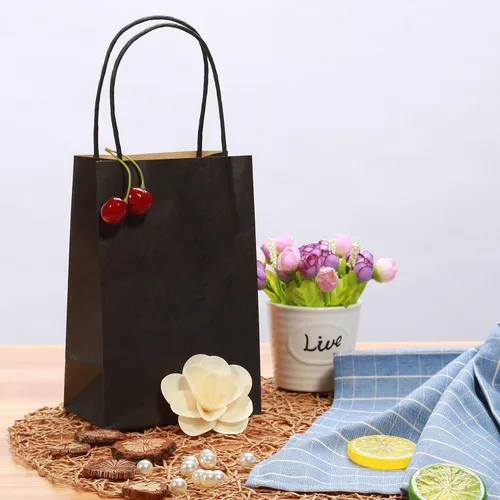 Miniatura 7 de 100 bolsas pequeñas de papel kraft negro con asas, 5.25 x 3.75 x 8 pulgadas, bolsas de regalo para bodas, cumpleaños, Halloween, Navidad, bodas