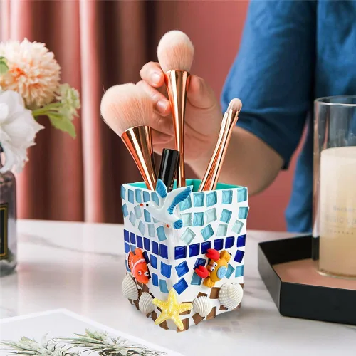 Miniatura 4 de Soporte para bolígrafo de mosaico DIY, soporte para bolígrafo de bricolaje con temática oceánica, azulejos de mosaico de vidrio, conchas