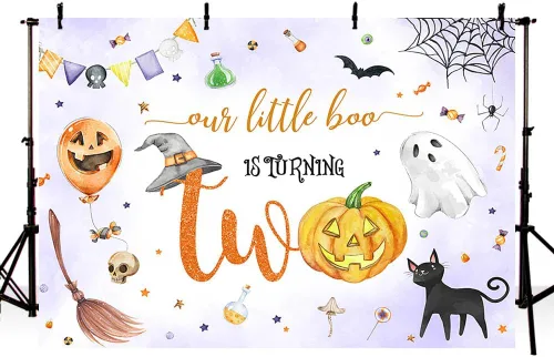 Miniatura 3 de MEHOFOND Telón de fondo de Halloween Spooktacular de 2º cumpleaños con texto en inglés "Our Little Boo is Turning Twing", lindo fantasma para fiesta