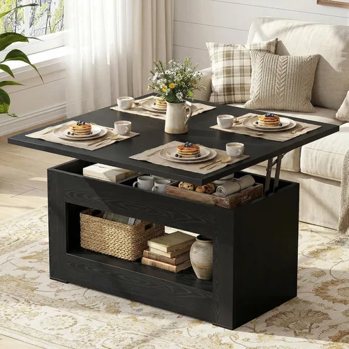 UNIQUITE Mesa de centro elevable de 40 pulgadas, mesas auxiliares de elevación multifunción 4 en 1 con almacenamiento y compartimento oculto, mesas