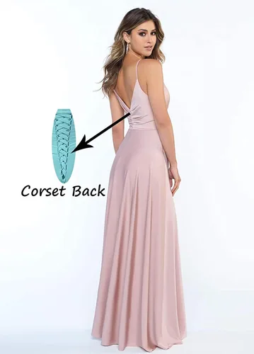 Miniatura 2 de Miao Duo Vestidos de dama de honor de satén con cuello en V para mujer con abertura y tirantes delgados, vestidos formales de graduación
