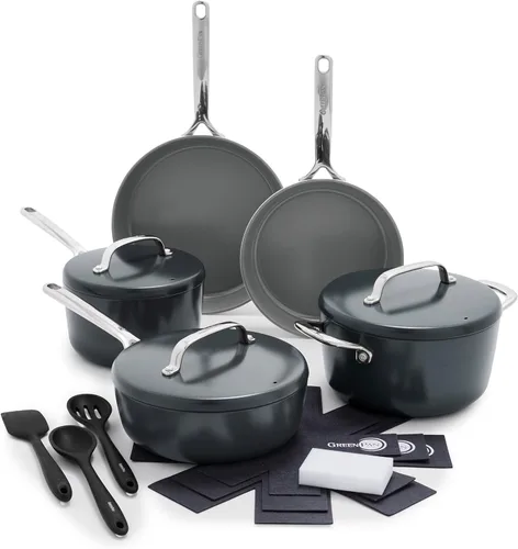 Miniatura 18 de GreenPan GP5 - Juego de ollas y sartenes de 14 piezas, cerámica anodizada dura, antiadherente, sin PFAS, apto para inducción, resistente a los Negro