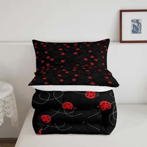 Miniatura 5 de jejeloiu Lindo juego de edredón de mariquita roja de dibujos animados, juego de ropa de cama para niños y niñas, decoración de animales kawaii