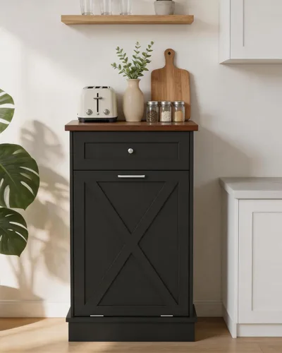 Miniatura 7 de Betterhood - Gabinete de basura basculante de 10 galones, de madera, independiente, clasificador de ropa, con cajón oculto, gabinete de basura Negro