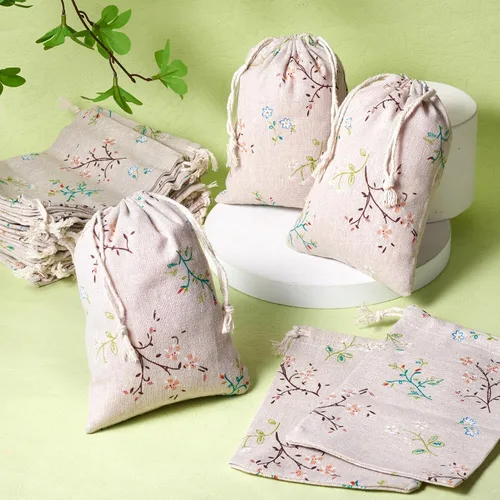 Miniatura 2 de KISSITTY 50 bolsas con cordón impreso con patrón de flores, bolsas de embalaje de regalo, bolsas de almacenamiento de tela para regalos de joyería