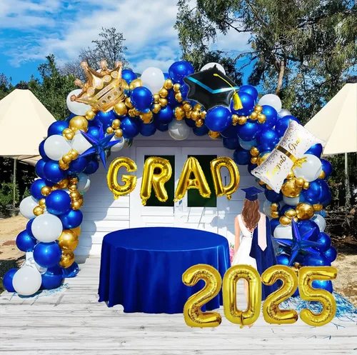 Kit de arco de guirnalda de globos de graduación con temática azul con globos de aluminio para estudiantes universitarios de secundaria, clase de