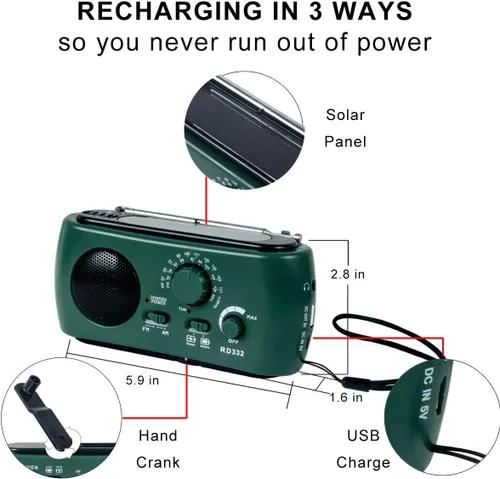 Miniatura 5 de Radio de emergencia, color verde Cargador solar y de manivela, linterna de 3 LED, banco de energía de 500 mAh, radio FM/AM, cargador de teléfono