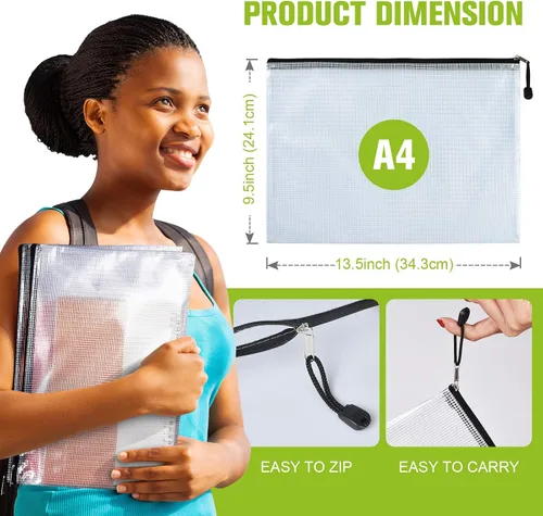 Miniatura 2 de Bolsa de malla con cremallera, 6 bolsas de malla de plástico impermeable con cremallera, bolsa de documentos de tamaño A4, bolsas de archivos