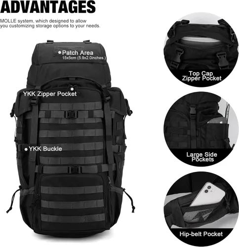 Miniatura 3 de Mardingtop 70L Mochila con armazón interno para caza, camping, senderismo; mochila con cubierta para la lluvia Negro
