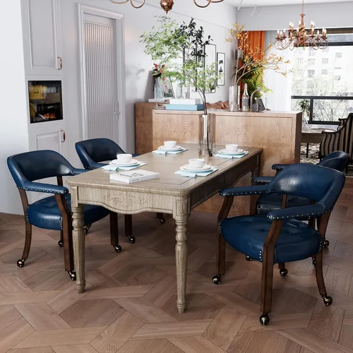Miniatura 83 de Juego de 8 sillas de cuero de comedor con ruedas y brazos, silla de capitán Accent con ruedas, sillas de madera con ruedas enrollables para cocina