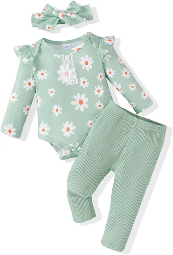 Miniatura 116 de Renotemy Conjunto de ropa para bebé recién nacida, mameluco con volantes, pantalones florales, lindo conjunto de ropa para bebé niña