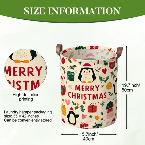 Miniatura 6 de Cesta de lavandería de 15.75 x 15.75 x 19.7 pulgadas, diseño de pingüino de Navidad, plegable, con asas, almacenamiento de ropa sucia