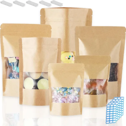 Miniatura 9 de Paquete de 150 bolsas de papel kraft con ventana de 8x12, bolsas de Mylar grandes con cierre y base para almacenamiento de alimentos, bolsa
