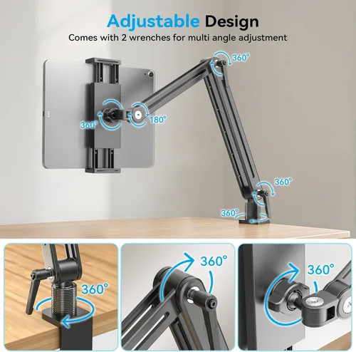 Miniatura 4 de Jakeko Soporte Ajustable para Tablet en Escritorio - Base Giratoria de 360 Grados, Soporte de Brazo Alto, Montura Giratoria y Abrazadera Flexible