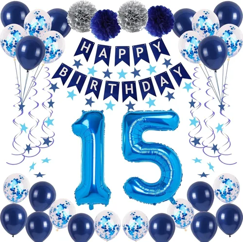 Miniatura 23 de Decoraciones de fiesta de cumpleaños azul número 12 para niños y niñas, suministros de globos de feliz cumpleaños 12 con pancarta de feliz Azul-a-31