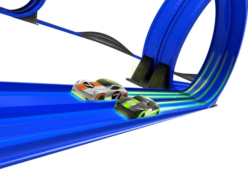 Miniatura 6 de Juego de pista de carreras con control remoto inalámbrico que brilla en la oscuridad de alta velocidad con dos autos para carreras duales, azul