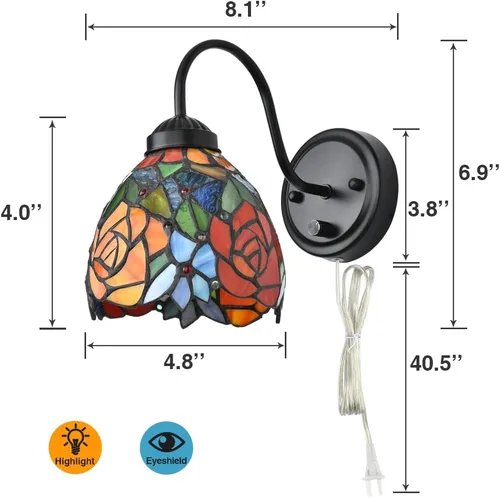 Miniatura 7 de Tiffany - Lámpara de pared para mesita de noche con interruptor regulable, aplique de pared de cuello de ganso vintage industrial con cable