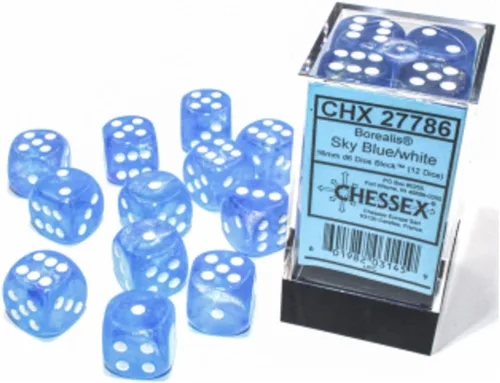 Miniatura 2 de Chessex Borealis 27786 - Bloque de dados luminarios d6 de 0.630 in / azul cielo/blanco (12 dados)