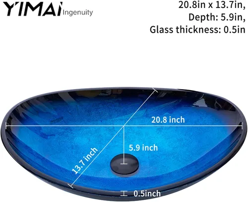 Miniatura 3 de Lavabo de Recipiente Lavabos de Baño Vidrio Templado Azul Cuenca de Arte 20.8"x13.7" Cuenco Ovalado Sobre Encimera con Grifo y Desagüe Pop-Up Combo
