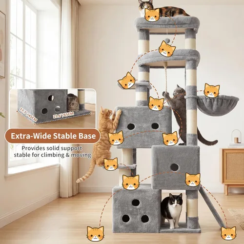 Miniatura 5 de Heybly Árbol para gatos, torre aerodinámica de 74 pulgadas para gatos grandes con condominios apilados de 3 niveles, muebles para gatos con percha