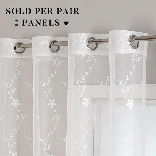 Miniatura 2 de WUBODTI Cortinas de encaje blanco de lujo de 63 pulgadas de largo, 2 paneles para dormitorio, bonitas cortinas bordadas florales de vid con ojales