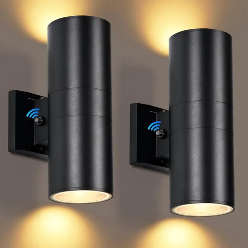 Luces de pared para exteriores del atardecer al amanecer, 2 unidades, modernas luces de porche al aire libre con bombillas, luz exterior cilíndrica