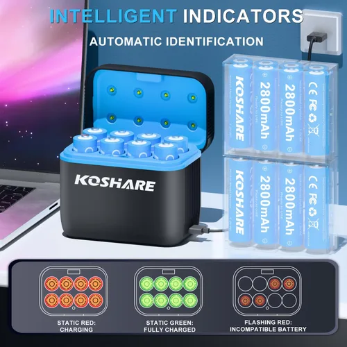 Miniatura 7 de Batería AA recargable con cargador, 16 baterías Ni-MH de 1.2 V con 16 x 2800 mAh AA de alta capacidad, 800 ciclos, precarga, tipo C y cargador de 8