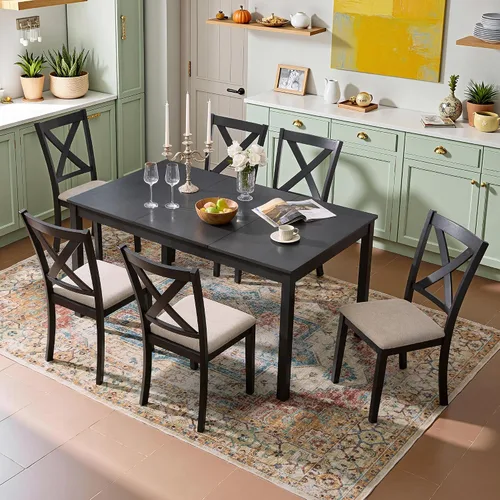 Miniatura 7 de YUMPIE Juego de mesa de comedor de madera de 60 pulgadas, juego de mesa y sillas de comedor de madera de 7 piezas, mesa de cocina con 6 sillas