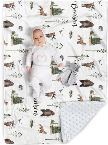 Miniatura 21 de Manta de bebé personalizada, nombre personalizado con diseño de animales del bosque, manta de felpa suave con respaldo punteado de doble capa