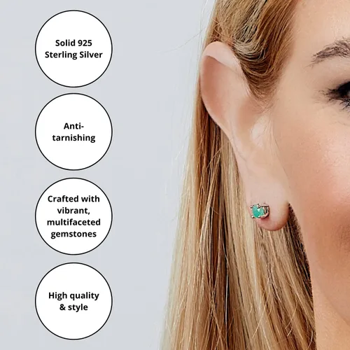 Miniatura 4 de MAX + STONE - Aretes redondos de plata de ley 925 para mujer, piedra natal de 0.197in con respaldos, Metal