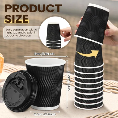 Miniatura 4 de Funnymoom Juego de 140 tazas de café de 8 onzas con tapa, desechables de papel corrugado, tazas de agua a granel adecuadas para café, cacao, jugo