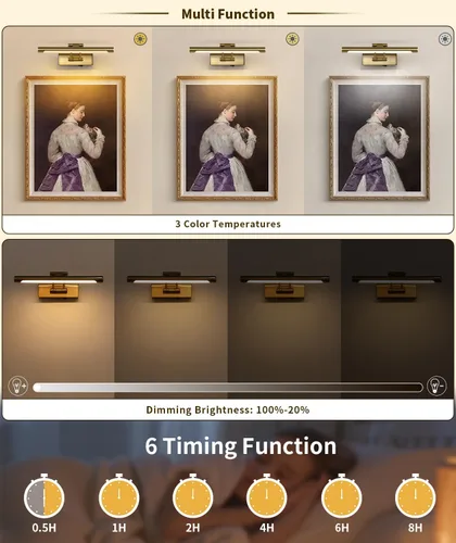 Miniatura 3 de Luces de imagen a pilas con control remoto y temporizador, luz de arte inalámbrica para pinturas con brazo oscilante ajustable en latón, luces