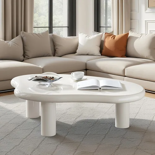 HULALA HOME Mesa de centro moderna inspirada en la nube con parte superior lacada asimétrica, patas ajustables y esquinas redondeadas, mesa central