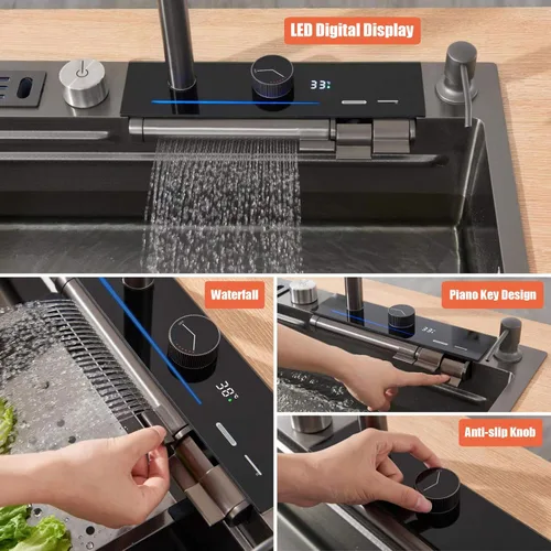 Miniatura 5 de BEITH Fregadero de cocina moderno, fregadero multifunción de 29 x 17 pulgadas, pantalla digital inteligente, cascada de ángulo ajustable con 3 modos