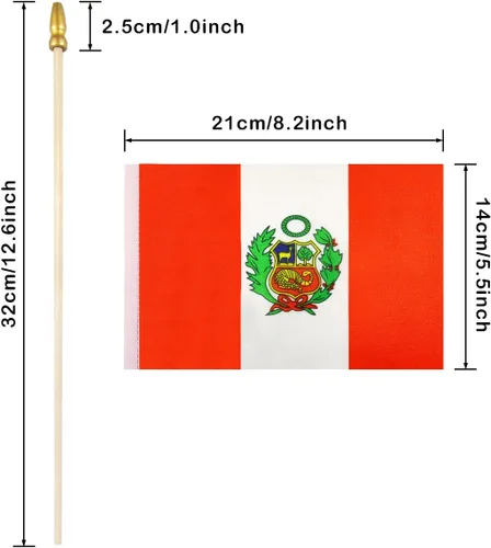 Miniatura 2 de QQSD Mini banderas de mano con bandera peruana de Perú, poste de madera maciza con punta de lanza, paquete de 12