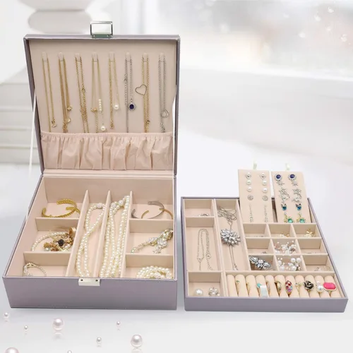 Miniatura 6 de ProCase - Joyero grande de cuero con dos niveles para organizar aretes, pulseras, anillos, relojes, para mujeres, niñas, regalo ideal para novia