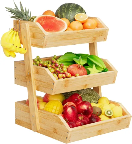 Miniatura 11 de Cesta de frutas de bambú de 2 niveles para encimera de cocina, encimera de almacenamiento de frutas de gran capacidad, soporte para frutas